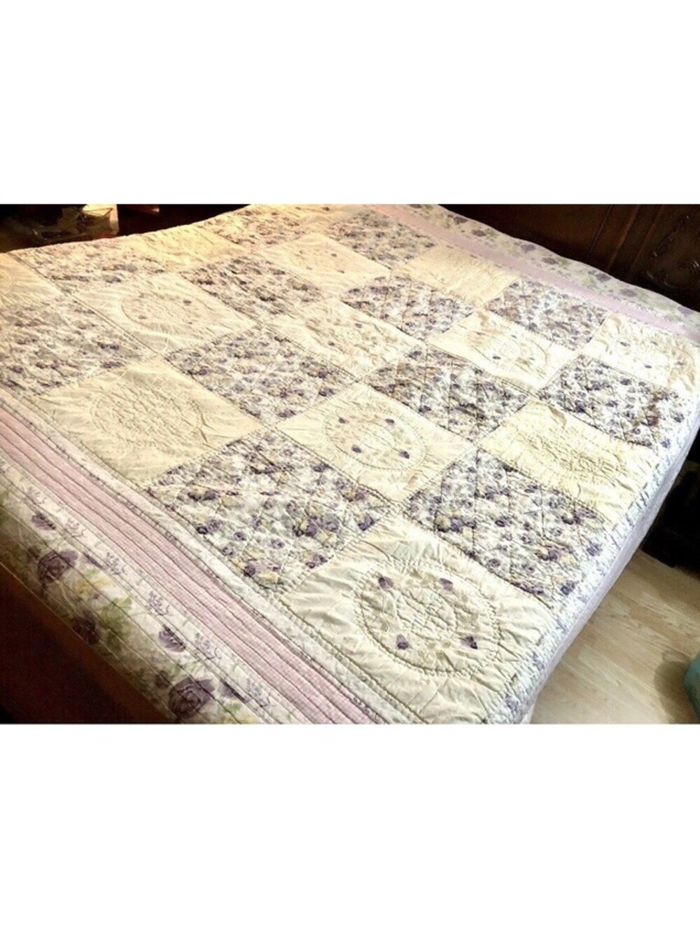 Vtg Reversible Patchwork Quilt 82”x88” Floral Geometrical Ivory Purple Blanket